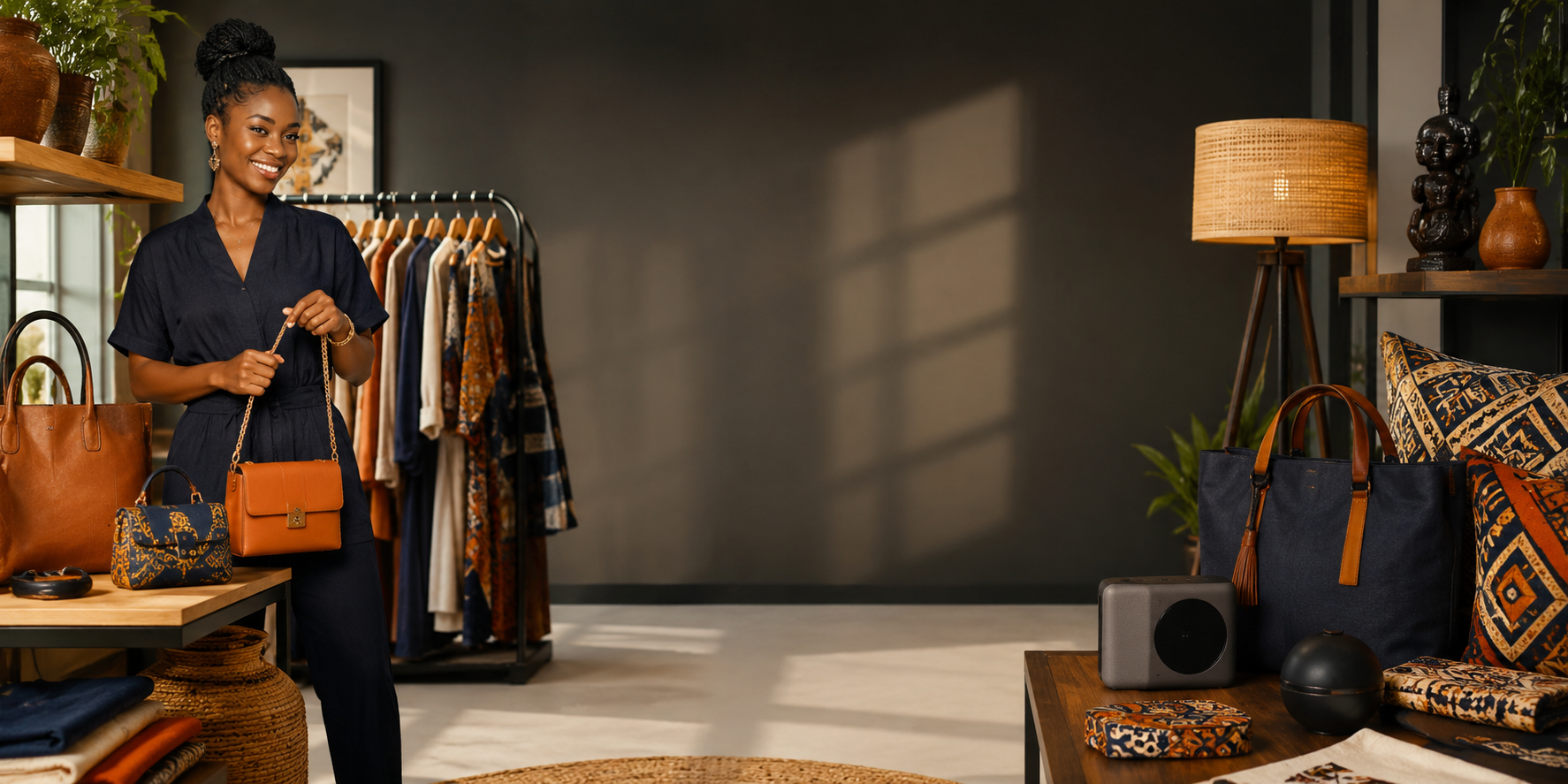 Une vendeuse présente ses produits dans sa boutique