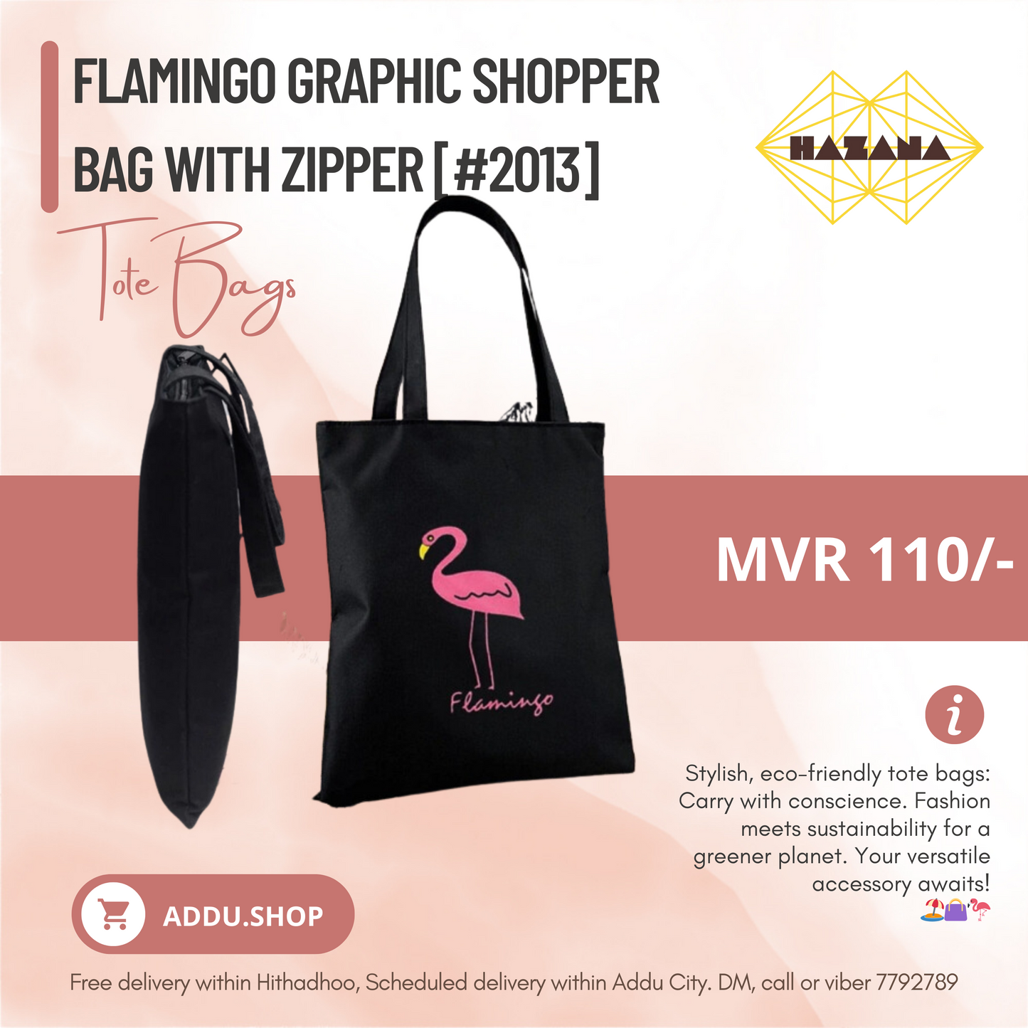 Flamingo Graphic Shopper Bag with Zipper [#2013]